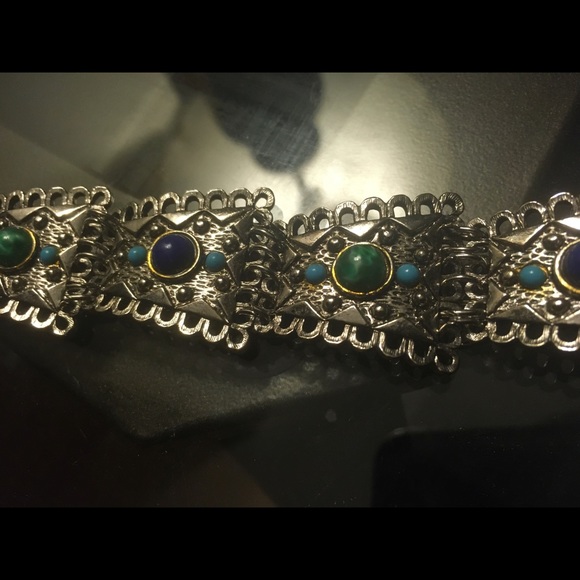 Silver colour metal bracelet with blue, green, and turquoise stones. - Picture 3 of 5